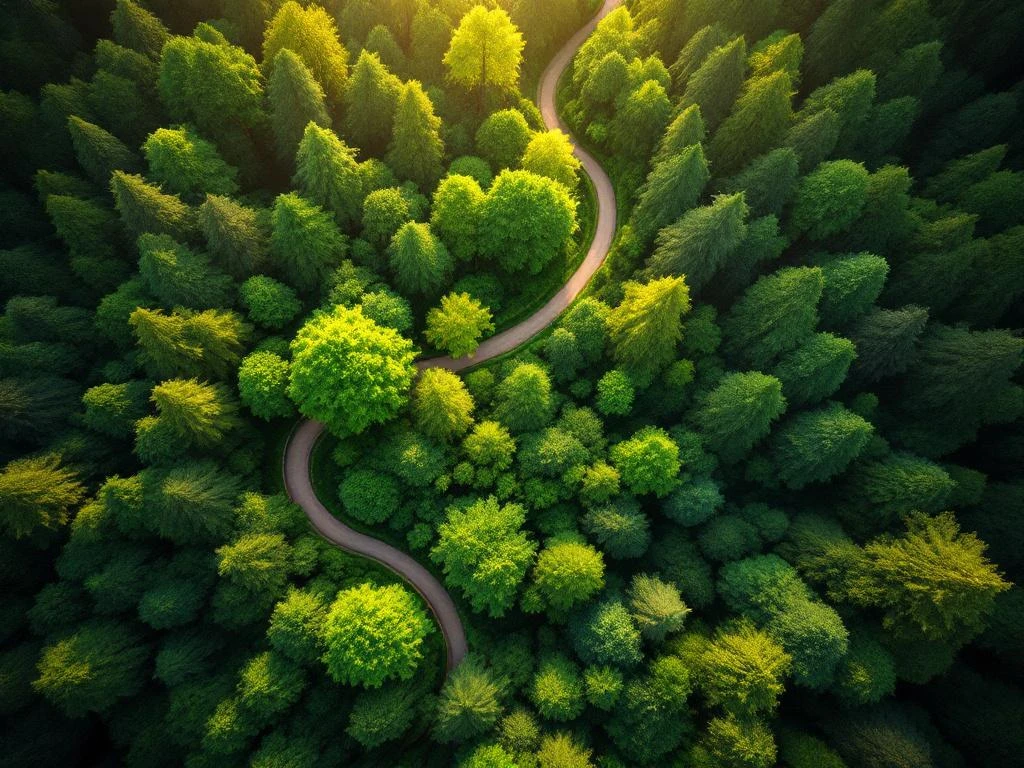 Luchtfoto van kronkelend bospad door groene boomkruinen met zonlicht dat gevlekte patronen creëert op duurzaam beheerd bos