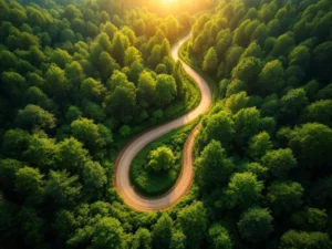 Luchtfoto van kronkelende zandweg door groen bos tijdens gouden uur, symbool voor duurzame vooruitgang in natuur