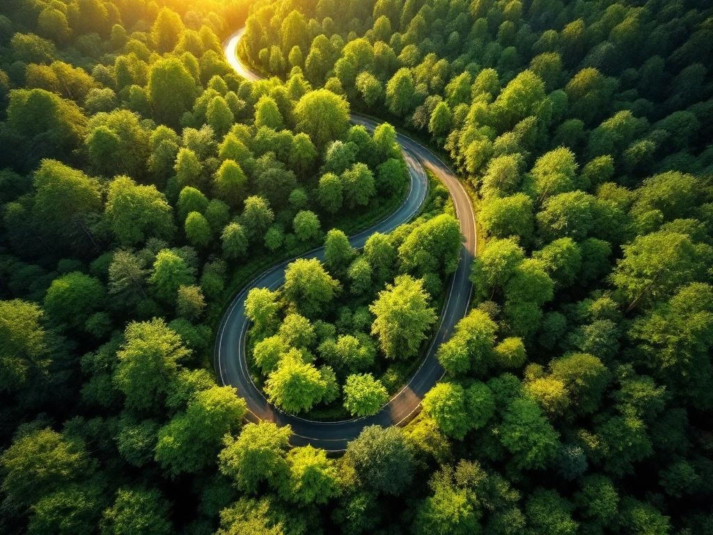 Luchtfoto van kronkelende bosweg door groen bladerdak tijdens gouden uur, symboliseert duurzame vooruitgang
