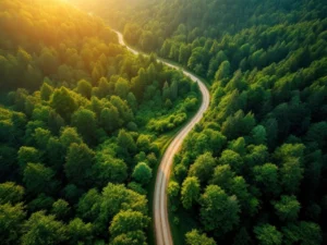 Luchtfoto van kronkelende bosweg door groen bladerdak tijdens gouden uur met warme natuurlijke belichting