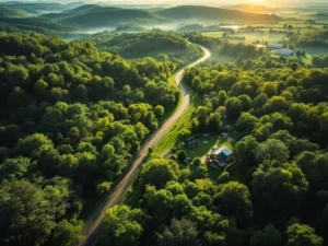 Luchtfoto van kronkelende landweg door groen bos met duurzame bedrijfsgebouwen tussen bomen in ochtendlicht