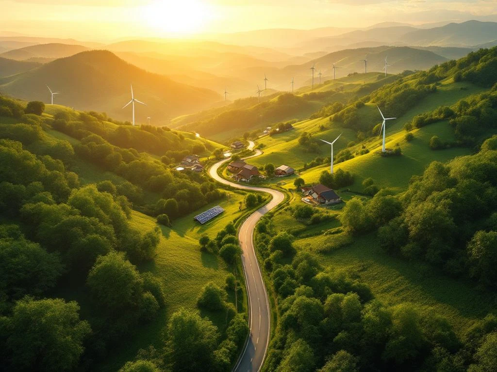 Luchtfoto van kronkelende landweg door groen bos met zonnepanelen en windmolens in duurzaam landschap bij zonsopgang