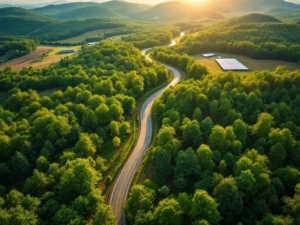 Luchtfoto van kronkelende landweg door groen bos met zonnepanelen in natuurlijke open plekken bij gouden ochtendlicht