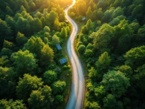 Luchtfoto van kronkelende gravelweg door groen bos met geïntegreerde zonnepanelen in natuurlijke lichtingen