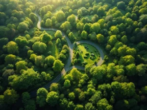 Luchtfoto van kronkelende landweg door groen bos met duurzame gebouwen, ochtendlicht creëert natuurlijke schaduwen