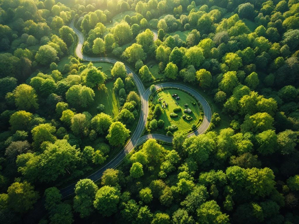 Luchtfoto van kronkelende landweg door groen bos met duurzame gebouwen, ochtendlicht creëert natuurlijke schaduwen