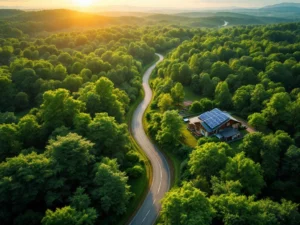 Luchtfoto van kronkelende landweg door groen bos met zonnepanelen op boerderij, duurzame ontwikkeling in gouden uurtje