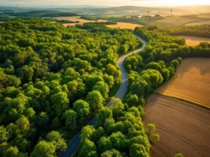 Luchtfoto van kronkelende landweg door groen bos met zonnepanelen en windmolens, duurzame infrastructuur in gouden licht
