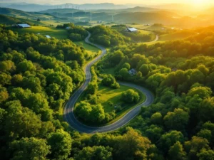 Luchtfoto van kronkelende landweg door groen bos met zonnepanelen en windmolens in gouden ochtendlicht