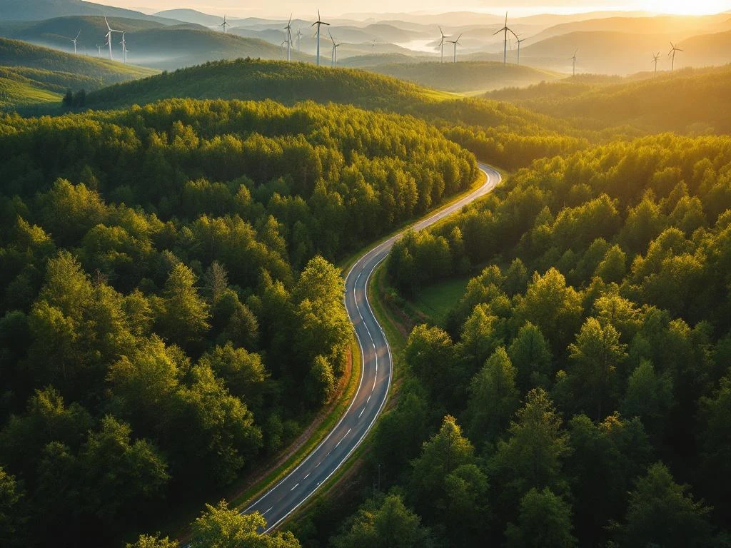 Luchtfoto van kronkelende landweg door groen bos met windmolens op heuvels in gouden ochtendlicht