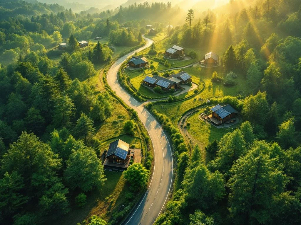 Luchtfoto van kronkelende landweg door groen bos met zonnepanelen en duurzame houten gebouwen in open plek