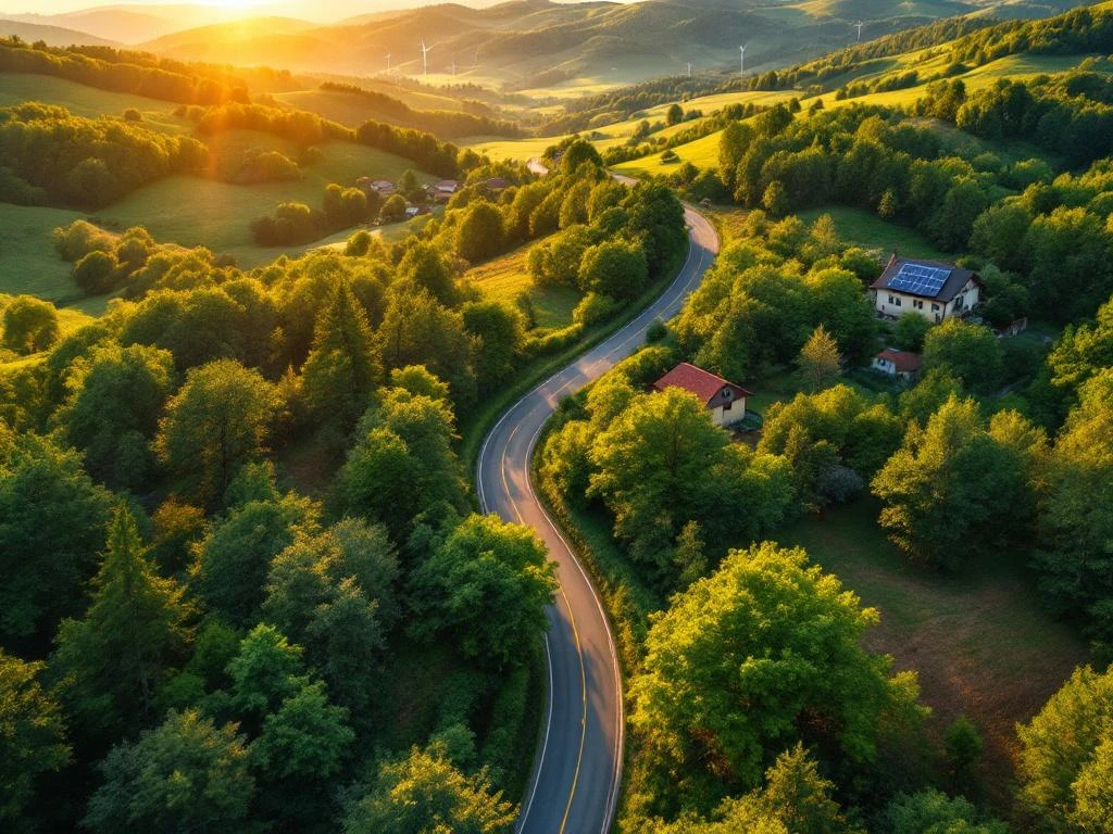 Luchtfoto van kronkelende landweg door groen bos met zonnepanelen en windmolens, gouden uurtje verlichting