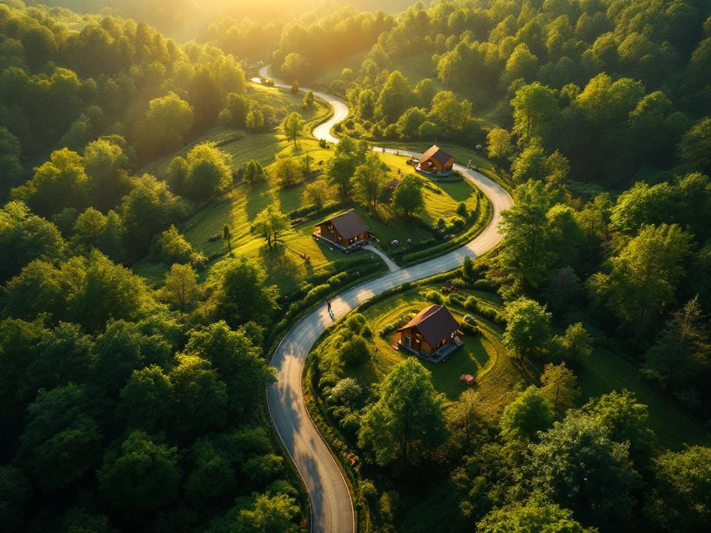 Luchtfoto van kronkelende landweg door groen bos met duurzame houten gebouwen in gouden avondlicht