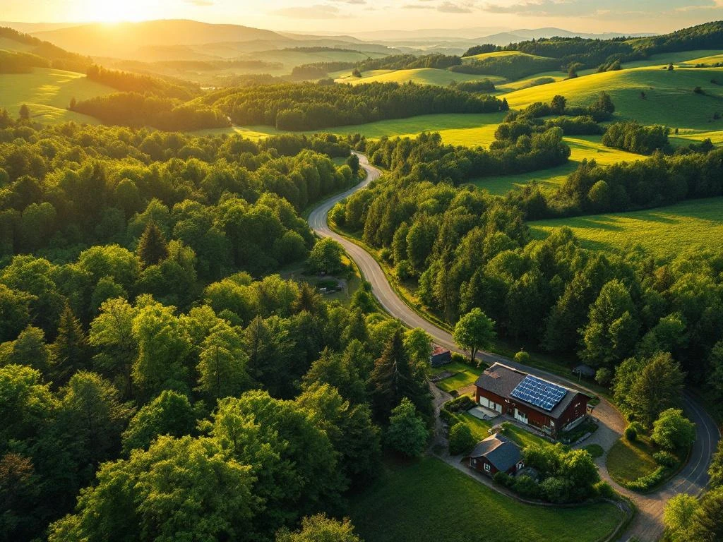 Luchtfoto van kronkelende landweg door groen bos met zonnepanelen op gebouwen, gouden uurtje verlichting