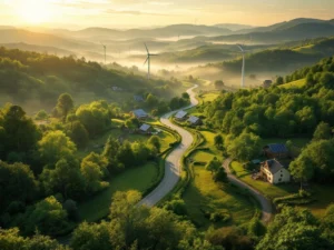 Luchtfoto van kronkelende landweg door groene bossen met zonnepanelen en windmolens in duurzaam landschap