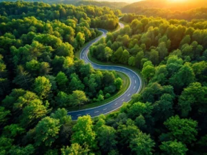 Kronkelende landweg door weelderig groen bos tijdens gouden uur, luchtfoto met warme natuurlijke belichting