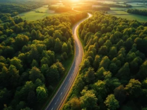 Kronkelende landelijke weg door groen bos tijdens gouden uur, met duurzame landbouwgrond op de achtergrond