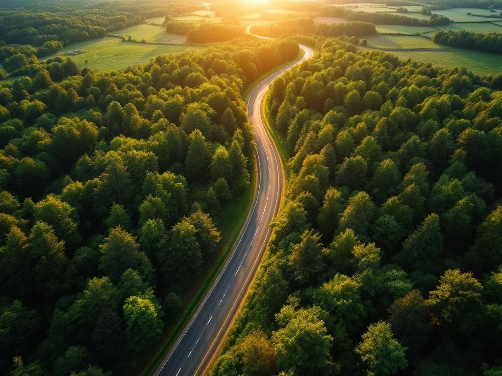 Kronkelende landelijke weg door groen bos tijdens gouden uur, met duurzame landbouwgrond op de achtergrond