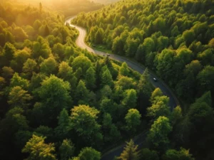 Luchtfoto van kronkelende landweg door groen bos met zonnepanelen op heuvel in gouden ochtendlicht