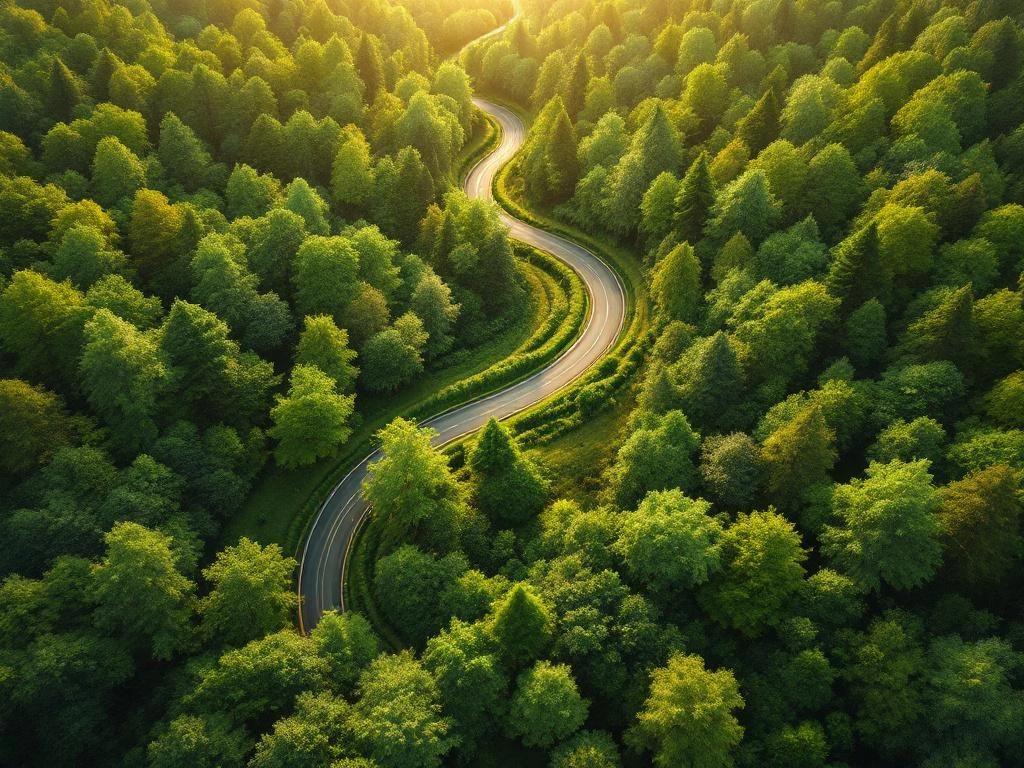 Luchtfoto van kronkelende landweg door groen bos met duurzame infrastructuur in ochtendlicht