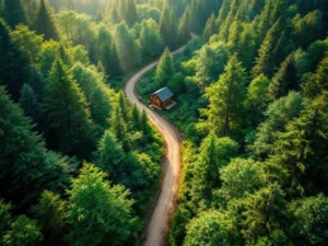 Luchtfoto van ongerept bos met kronkelende zandweg door groene bladerdak en duurzame houten structuur in verte