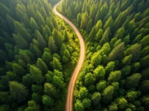 Luchtfoto van ongerepte bos met kronkelende natuurlijke weg door groene bladerdak, ochtendlicht filtert door bomen