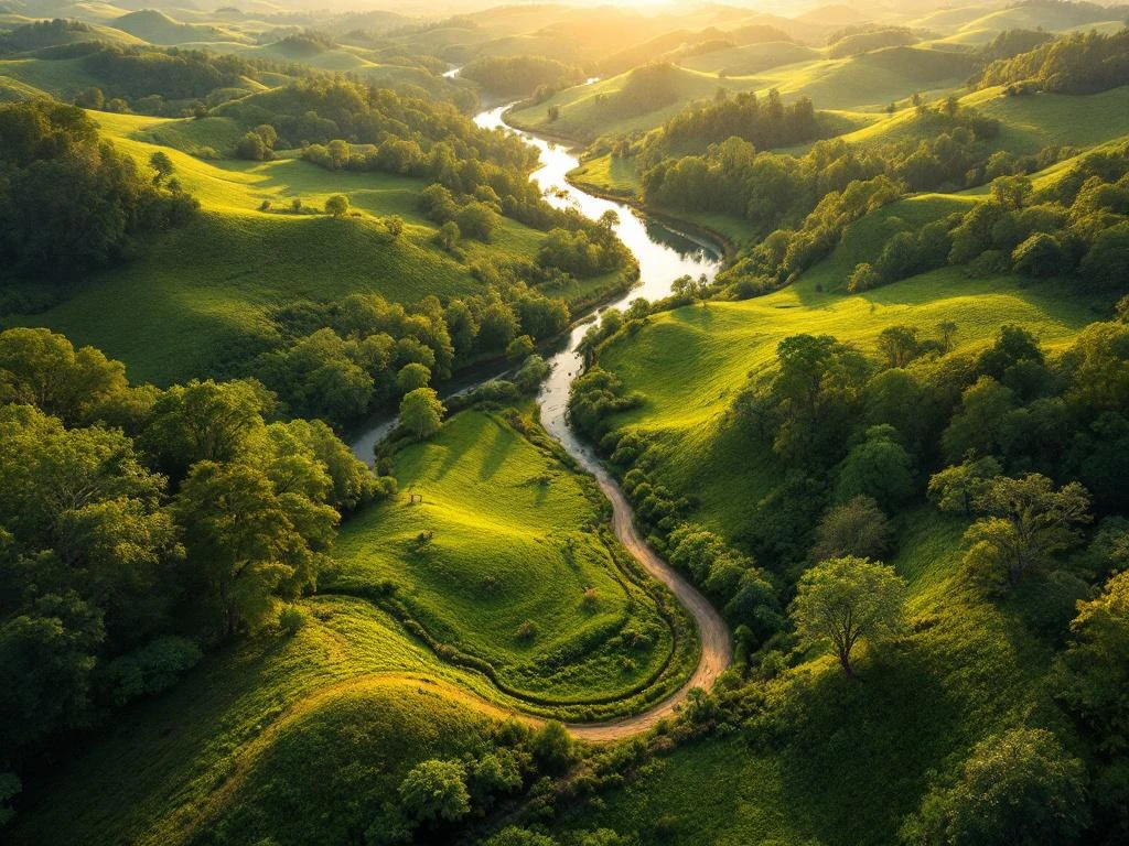 Luchtfoto van weelderig groen bos met kronkelende rivier tijdens gouden uur, met natuurlijk pad door boomkronen