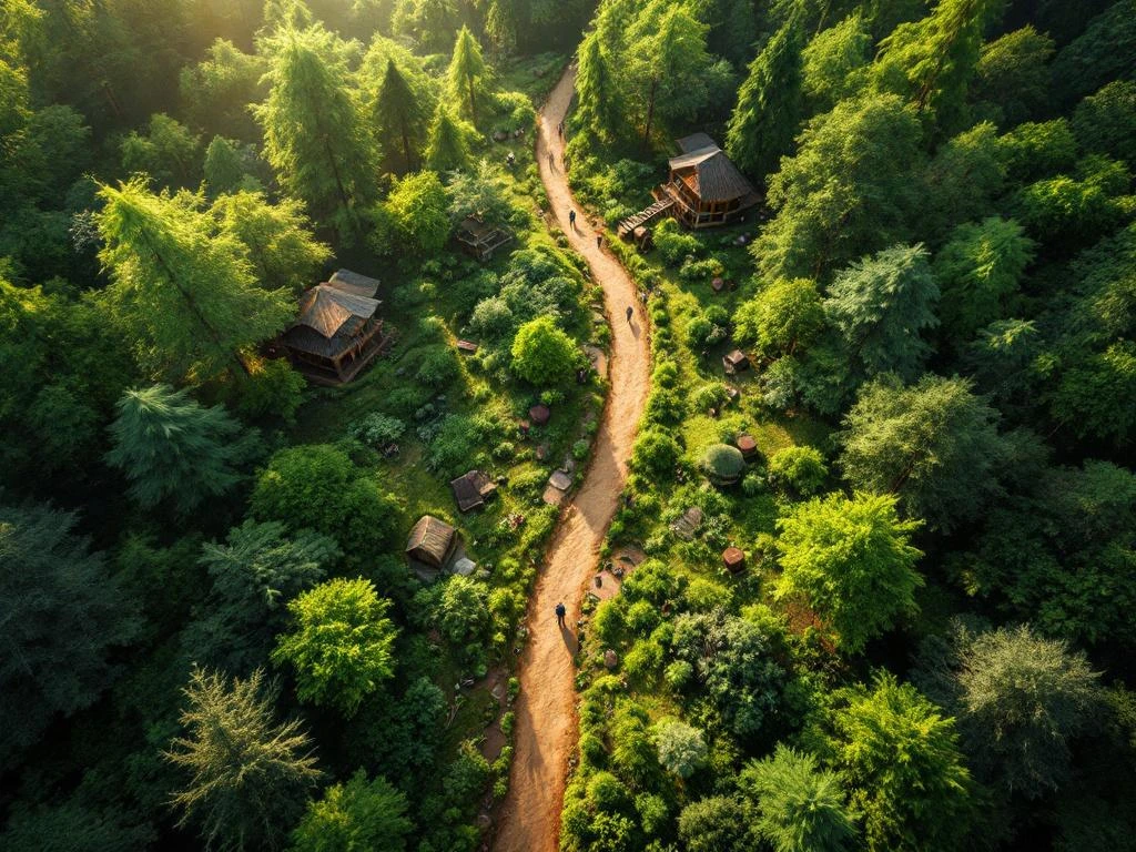 Luchtfoto van kronkelend bospad door groen woud met duurzame houten structuren geïntegreerd in natuurlandschap