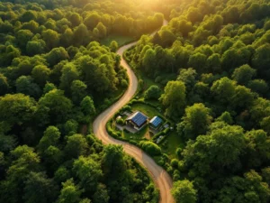 Luchtfoto van groen bos met kronkelende weg, zonnepanelen en duurzame bebouwing tijdens gouden uur