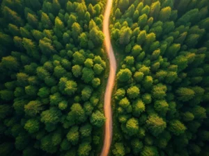 Luchtfoto van kronkelende bosweg door groen bladerdak tijdens gouden uur met natuurlijk zonlicht en schaduwen