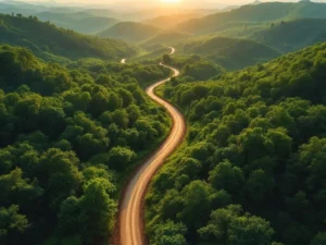 Luchtfoto van kronkelende zandweg door groen bos met zonlicht, rollende heuvels en dichte begroeiing