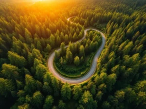 Kronkelende gravelweg door groen bos vanuit vogelperspectief tijdens gouden uur met gefilterd zonlicht