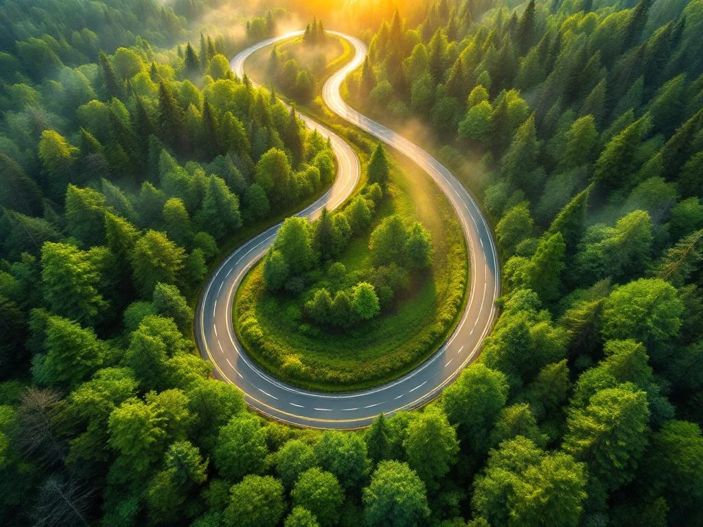 Luchtfoto van kronkelende weg door groen bos tijdens gouden uur met ochtendmist en warme natuurlijke belichting