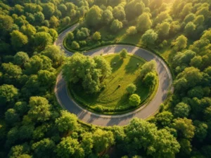 Luchtfoto van kronkelende landweg door groen bos met zonnepanelen op boerderijen in ochtendlicht