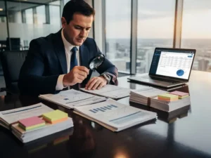 Professionele auditor onderzoekt financiële documenten met vergrootglas op houten vergadertafel, laptop toont spreadsheetgegevens
