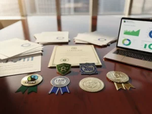 Officiële certificeringsbadges en zegels op gepolijste houten bestuurskamertafel met B-Corp, Fair Trade en ISO certificaten
