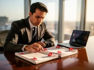 Zakenman in donker pak bestudeert contract met rode waarschuwingsvlaggen op vergadertafel, laptop met grafieken op achtergrond