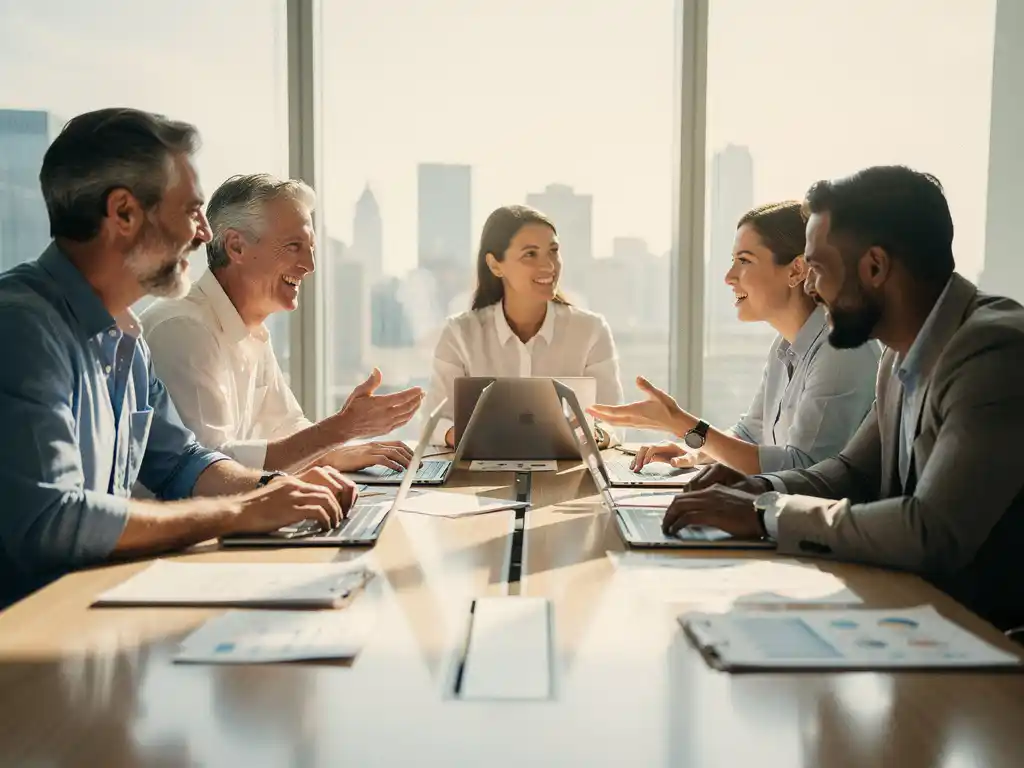 Divers team van professionals werkt samen rond moderne vergadertafel in licht kantoor met grote ramen