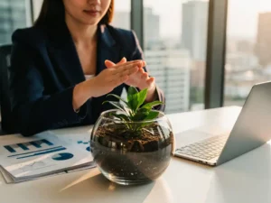Zakenvrouw beschermt kleine groene plant in glazen terrarium op wit bureau naast laptop en financiële documenten