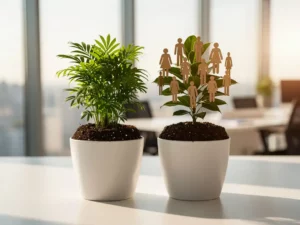 Twee potplanten op modern bureau, één met groene bladeren en één met mensen-vormige bladeren in witte potten