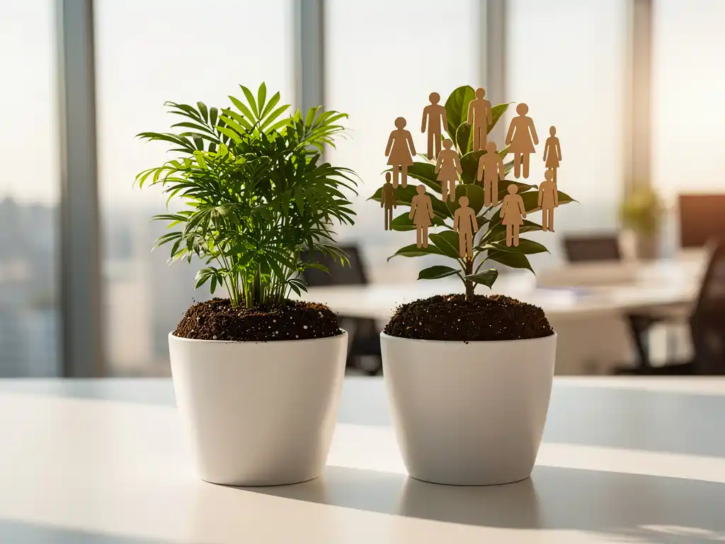 Twee potplanten op modern bureau, één met groene bladeren en één met mensen-vormige bladeren in witte potten