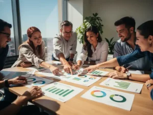 Diverse kantoormedewerkers bespreken duurzaamheidsrapporten en kleurrijke datavisualisaties rond moderne conferentietafel in natuurlijk licht
