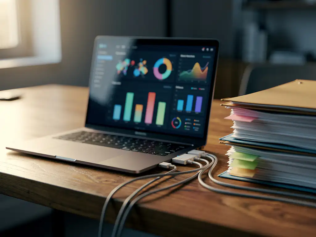 Laptop met kleurrijke ESG-datadashboard verbonden met stapel traditionele papieren documenten op houten bureau