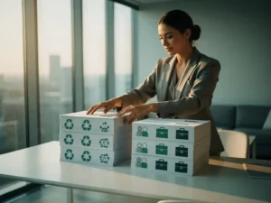 Professionele vrouw organiseert documenten met duurzaamheids- en HR-symbolen op wit bureau in modern kantoor