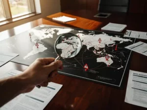Wereldkaart op houten conferentietafel met rode waarschuwingspinnen en vergrootglas over supply chain verbindingslijnen