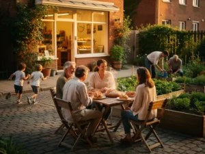 Lokale bakkerij met gouden licht op kinderkopjes, buren delen brood aan buitentafels, kinderen spelen, moestuin op achtergrond
