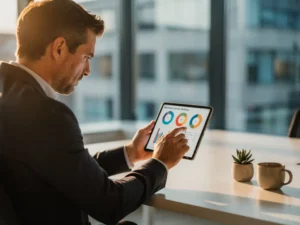 Manager bekijkt welzijnsenquête resultaten op tablet met kleurrijke grafieken in modern kantoor met natuurlijk licht