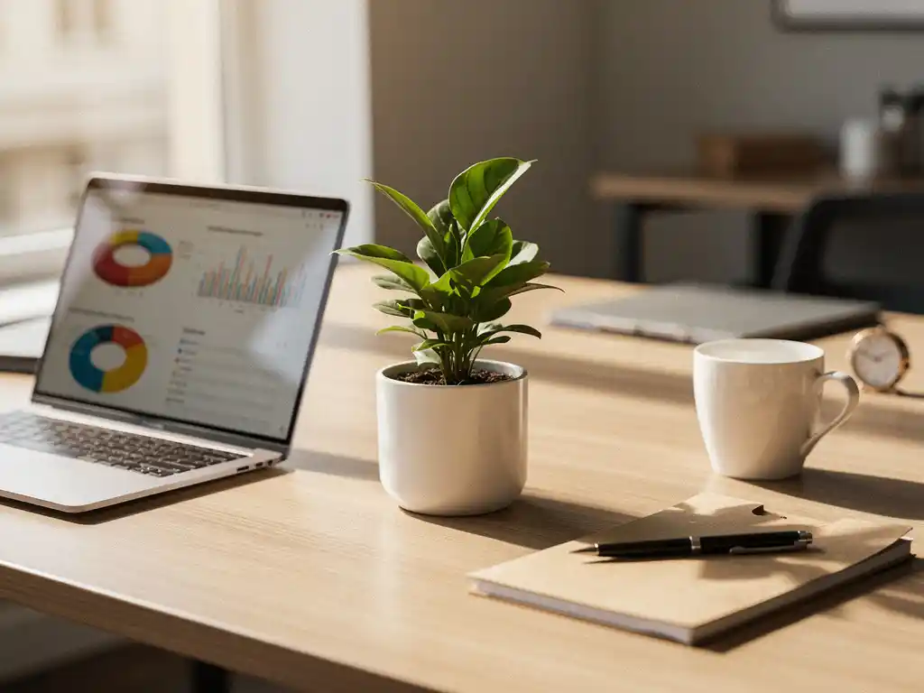 Kleine groene plant in pot op houten bureau naast laptop met kleurrijke grafieken, koffiekop en notitieblok in warm zonlicht