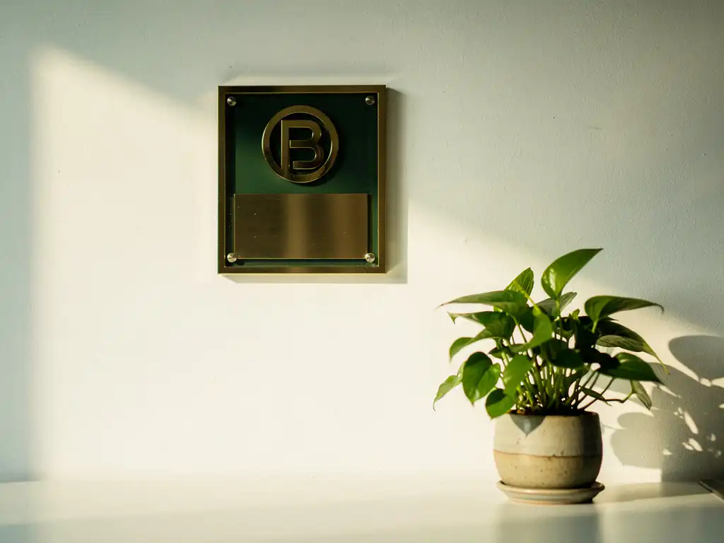 B-Corp-certificeringsplaquette op witte kantoorwand naast een kleine groene plant op een minimalistisch bureau in warm middaglicht.