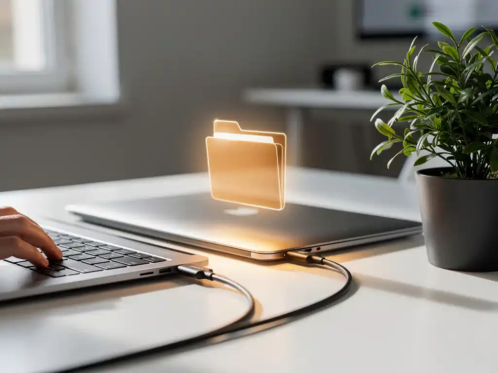 USB-C kabel verbindt twee laptops op wit bureau, met lichtgevende map die bestanden overdraagt, kleine plant ernaast, kantooromgeving.